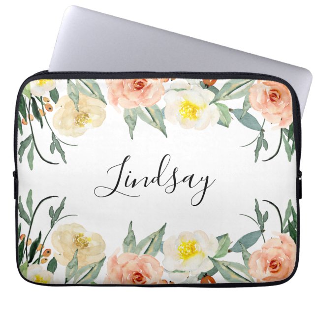 Capa Para Notebook Flores De Aquarelas Modernas De Pêssego Monograma (Frente)