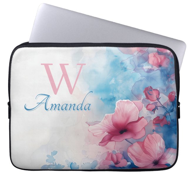 Capa Para Notebook Flores de Aquarelas Moles a Rosa e Azul (Frente)