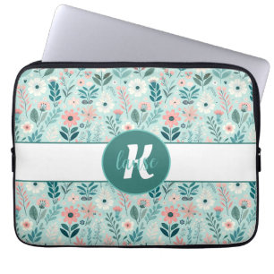 Capa Para Notebook Flores de Arte Folclórica de Pastéis Azuis e Rosa
