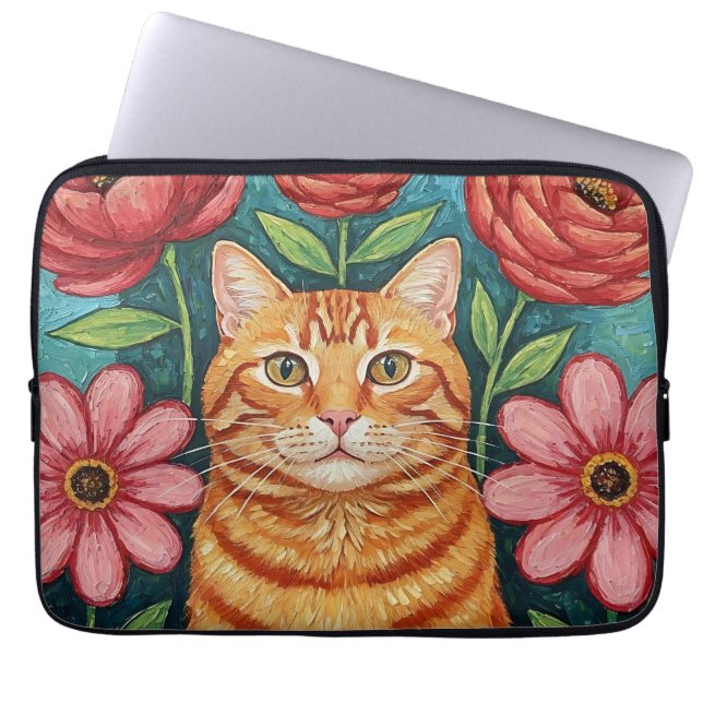 Capa Para Notebook Flores de Arte Popular de Gato Laranja (Frente)