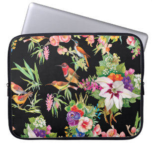 Capa Para Notebook Flores de Aves Selvagens: Vintagem Negra