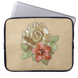 Capa Para Notebook Flores de couro em Cream Suede