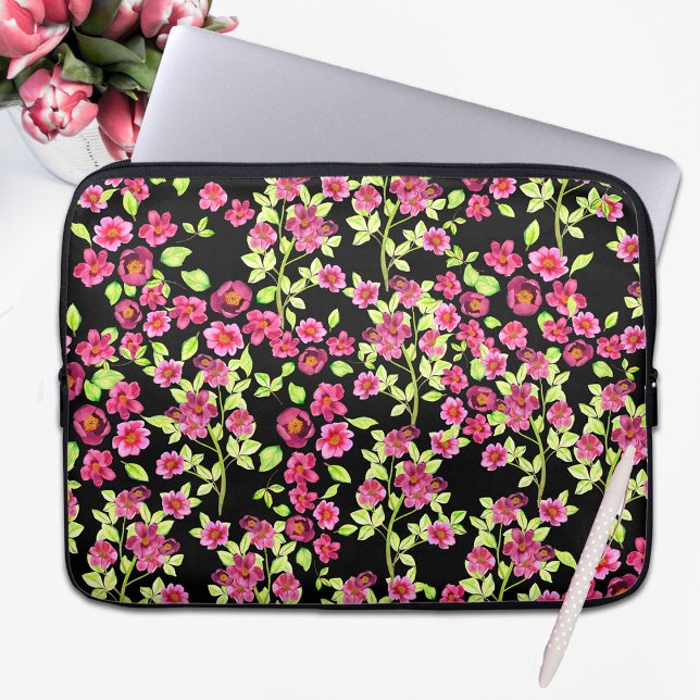 Capa Para Notebook Flores de Jardim Bonitos cor-de-rosa verdes em fun (Criador carregado)