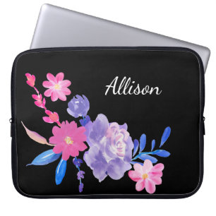 Capa Para Notebook Flores De Monograma, Preto, Cinza-Rosa, Bonitas E 