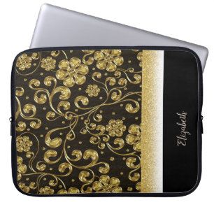 Capa Para Notebook Flores de Ouro Elegantes, Brilho, Preto - Personal