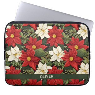 Capa Para Notebook Flores de Poinsettia Verde Branco Vermelho Nome do