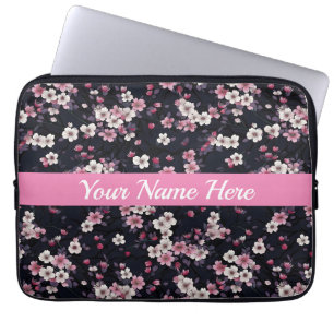 Capa Para Notebook Flores de Sakura Rosa Negra, Design de padrão,