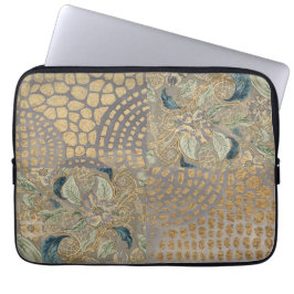Capa Para Notebook Flores e Pele de Girafa Dourada, Fundo Cinza