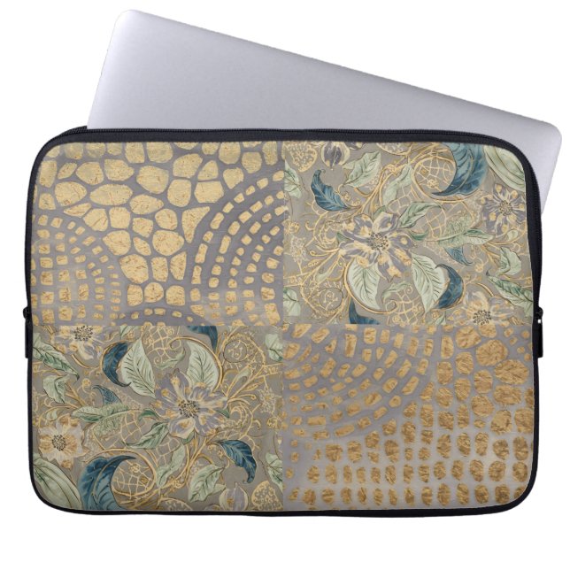 Capa Para Notebook Flores e Pele de Girafa Dourada, Fundo Cinza (Frente)