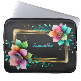 Capa Para Notebook Flores em Aquarela - Moldura Dourada 34 + seu text