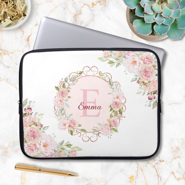 Capa Para Notebook Flores Florais Rosa Bege Aquarela Monograma (In situ)