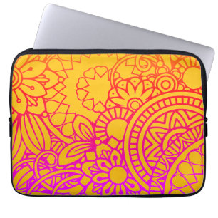 Capa Para Notebook Flores Laranja Roxas e Fundo Amarelo