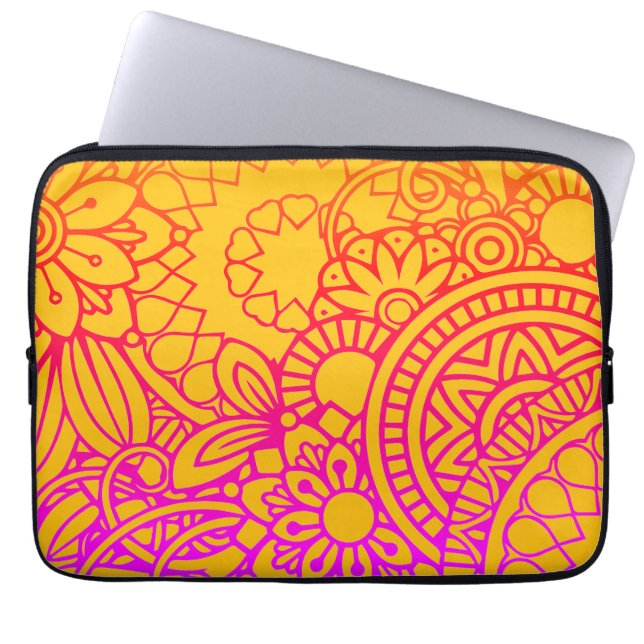 Capa Para Notebook Flores Laranja Roxas e Fundo Amarelo   (Frente)