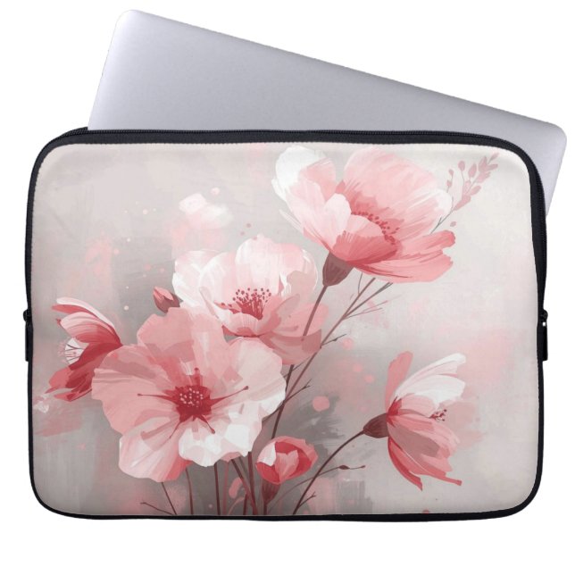 Capa Para Notebook Flores Rosa, Branco e Cinza (Frente)