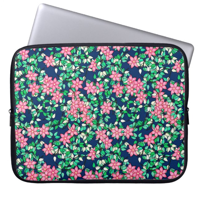 Capa Para Notebook Flores rosa, fundo azul escuro (Frente)