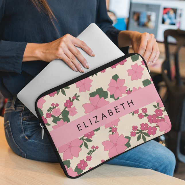 Capa Para Notebook Flores Rosa, Padrão De Flores, Seu Nome (Criador carregado)