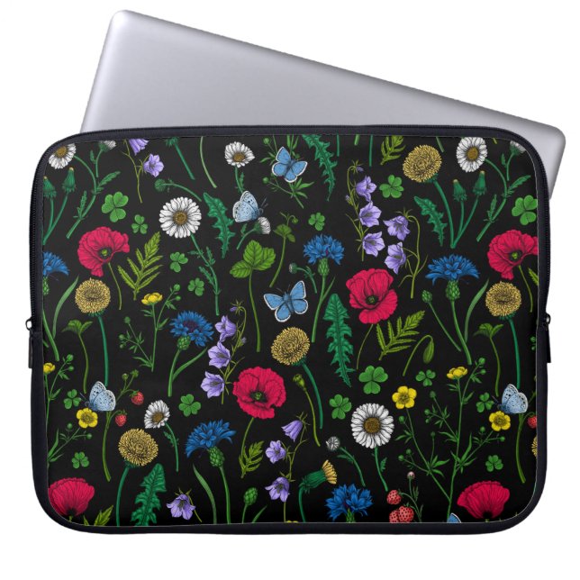 Capa Para Notebook Flores silvestres em preto (Frente)