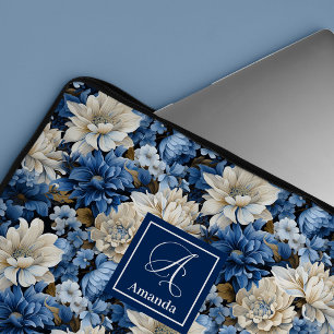 Capa Para Notebook Flores Sofisticadas Azul-Marinho Estojo de Laptop