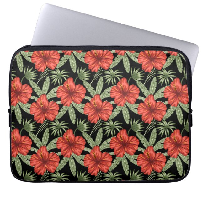 Capa Para Notebook Flores tropicais vermelhas Folhas verdes (Frente)