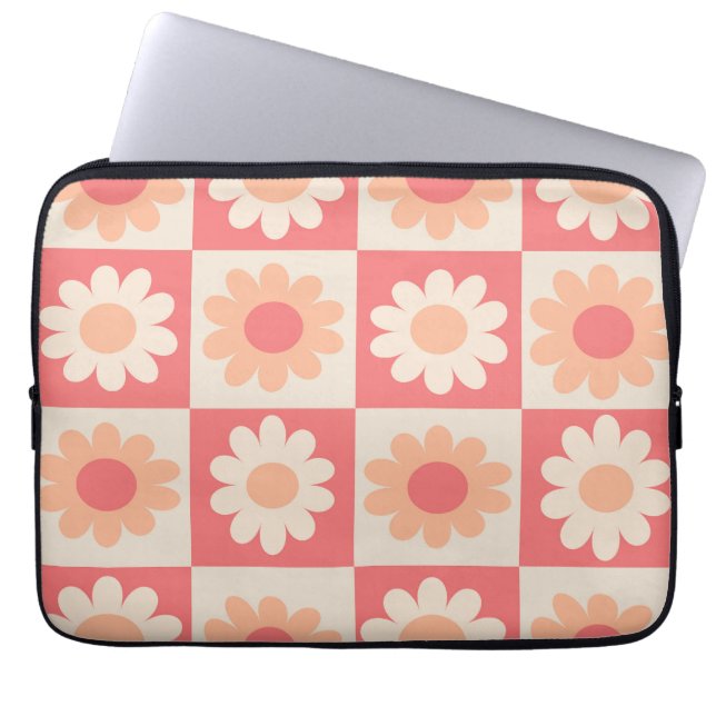 Capa Para Notebook Flores Xadrezadas em Bege e Laranja no Estilo Retr (Frente)