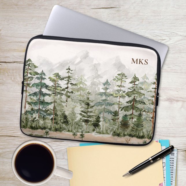 Capa Para Notebook Floresta de Pinheiro Verde Monograma em Aquarela n (In situ)