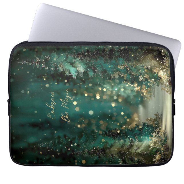 Capa Para Notebook Floresta Mágica Verde Turquesa com Bokeh Dourado (Frente)