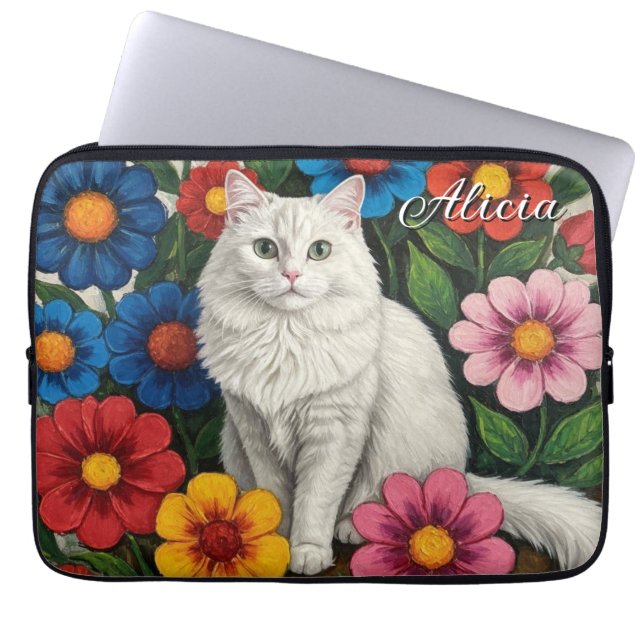 Capa Para Notebook Fluffy White Cat and Folk Art Flowers (Frente)