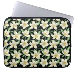 Capa Para Notebook Folha verde de flores brancas de forma contínua tr
