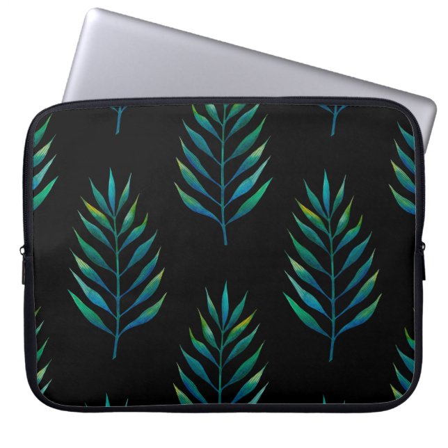 Capa Para Notebook Folhas de aquarela verde sobre fundo preto (Frente)