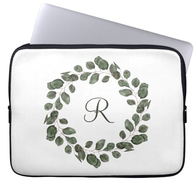 Capa Para Notebook Folhas de Eucalipto Monograma Elegante Moderno  (Frente)
