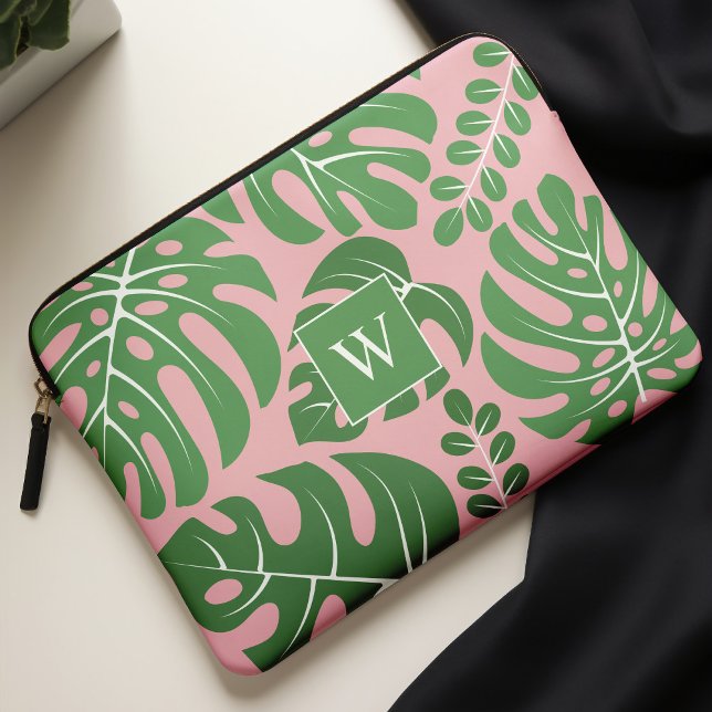 Capa Para Notebook Folhas de Monstera, rosa e verde, monograma (Criador carregado)