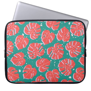 Capa Para Notebook Folhas de monstera vermelha em um padrão verde se