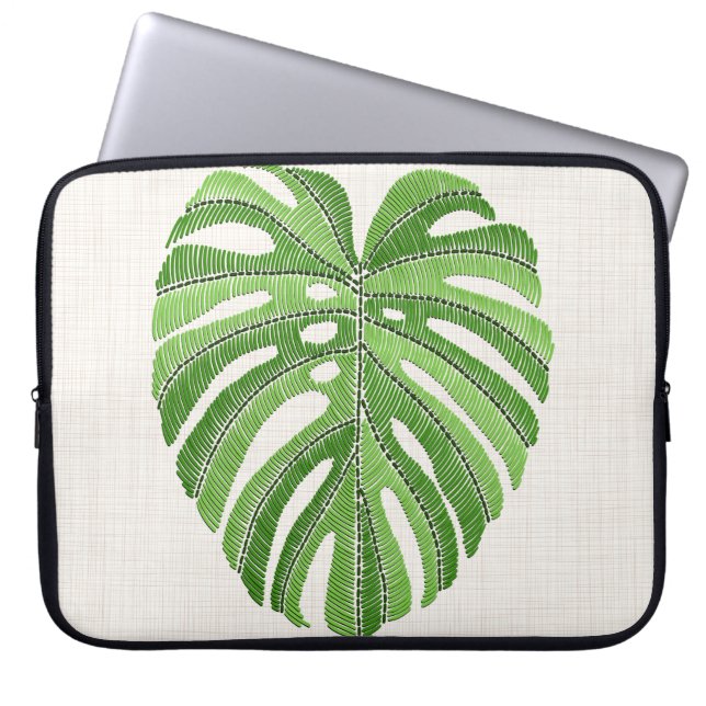 Capa Para Notebook Folhas de palma bordadas. Monstera Tropical Verde (Frente)