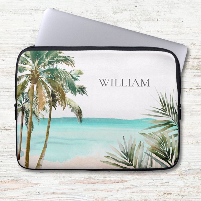 Capa Para Notebook Folhas de Palmeira Tropical Monogramada Praia Azul (Close up)