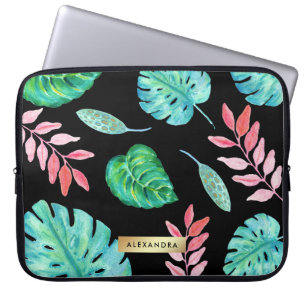 Capa Para Notebook Folhas tropicais da aguarela no preto com o falso