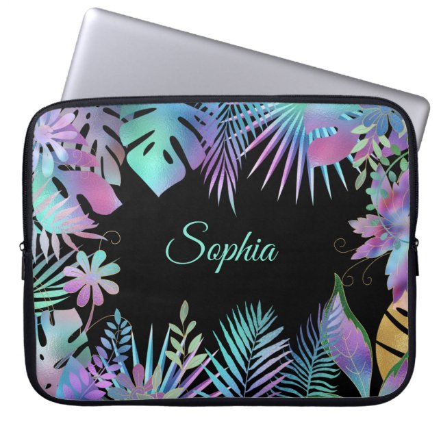 Capa Para Notebook Folhas Tropicais Iridescentes, Nome do Teal de Mel (Frente)
