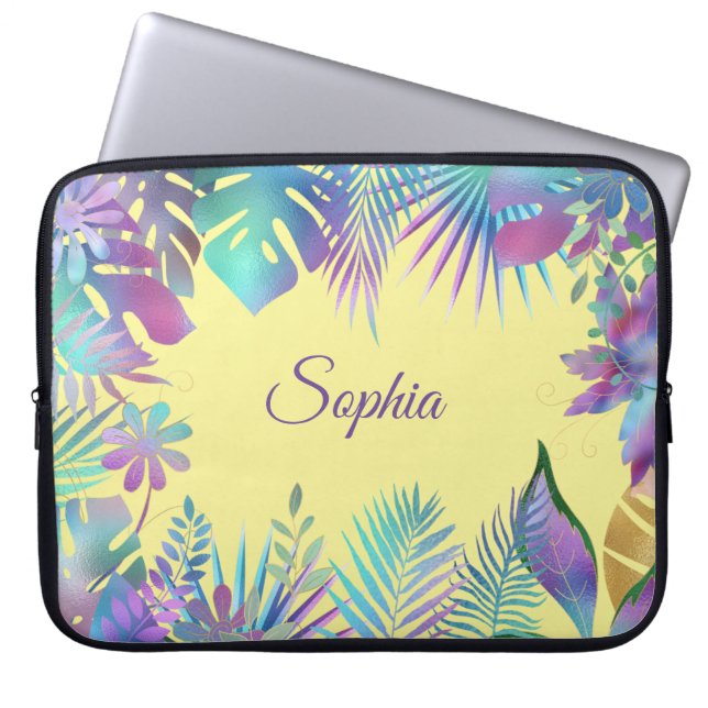 Capa Para Notebook Folhas Tropicais Iridescentes - Nome Roxo, Amarelo (Frente)
