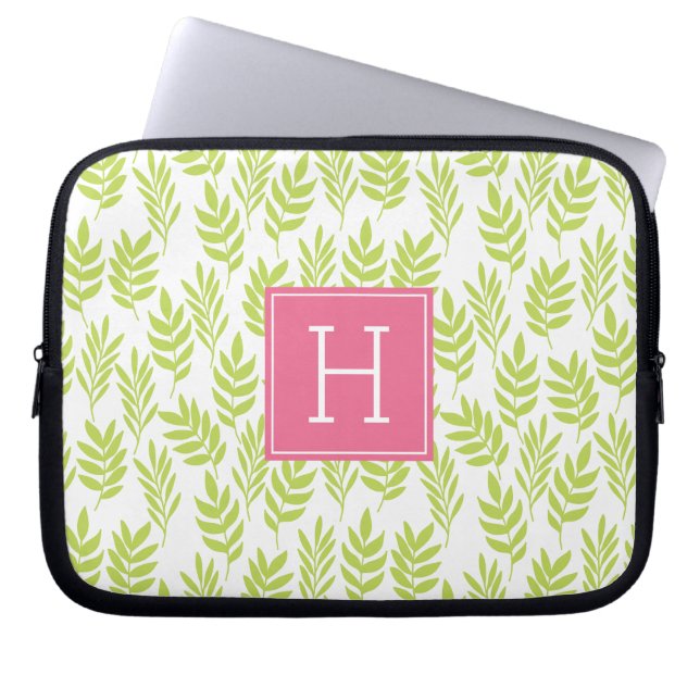 Capa Para Notebook Folhas Verdes e Monograma Rosa (Frente)