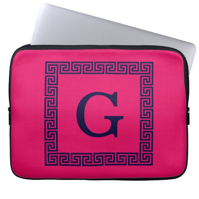 Capa Para Notebook Framboesa, Marinho Azul Chave Grega #1 Monograma F (Frente)