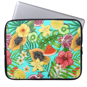 Capa Para Notebook Frutas tropicais, flores e folhas em azul