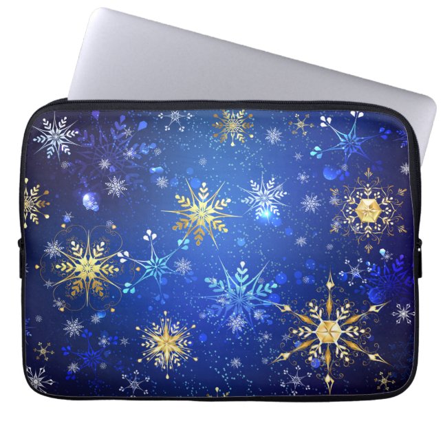 Capa Para Notebook Fundo Azul XMAS com Flocos de Neve Ouro (Frente)
