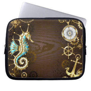 Capa Para Notebook Fundo de madeira com cavalo de mar mecânico