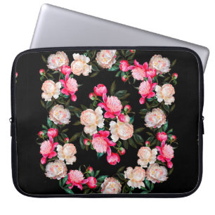 Capa Para Notebook Fundo floral. Peônias cor-de-rosa e brancas num d