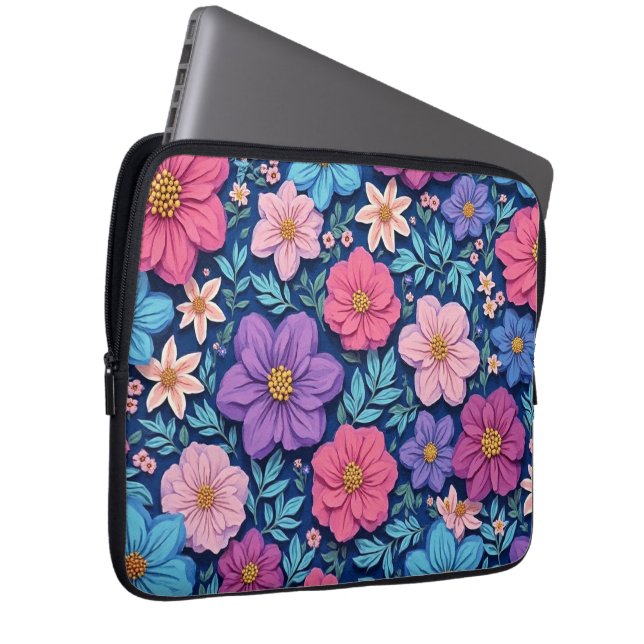 Capa Para Notebook Fundo floral, rosa e roxo, (Frente Esquerda)