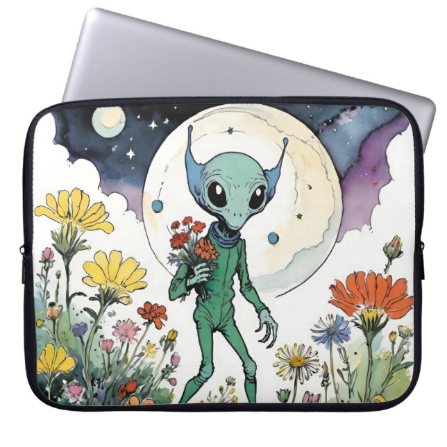 Capa Para Notebook Funny Alien Picking Flowers With Full Moon (Frente)