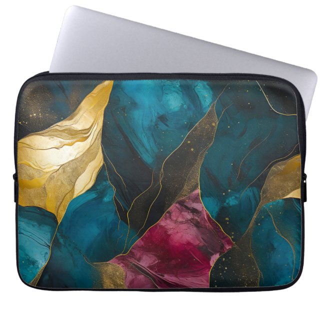 Capa Para Notebook Fusão Mármore Azul-Teal e Dourado à Meia-Noite (Frente)