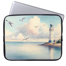 Capa Para Notebook Gaivotas do Farol Costeiro Céu Pastel Serenidade
