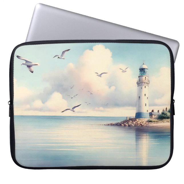 Capa Para Notebook Gaivotas do Farol Costeiro Céu Pastel Serenidade (Frente)