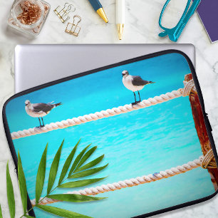 Capa Para Notebook Gaivotas praia pássaros oceano turquesa foto coste