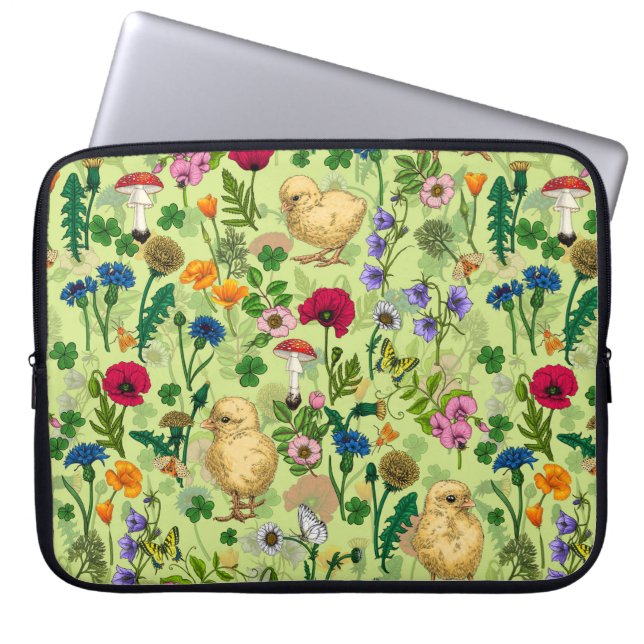 Capa Para Notebook Galinhas e flores silvestres em verde-orvalho (Frente)